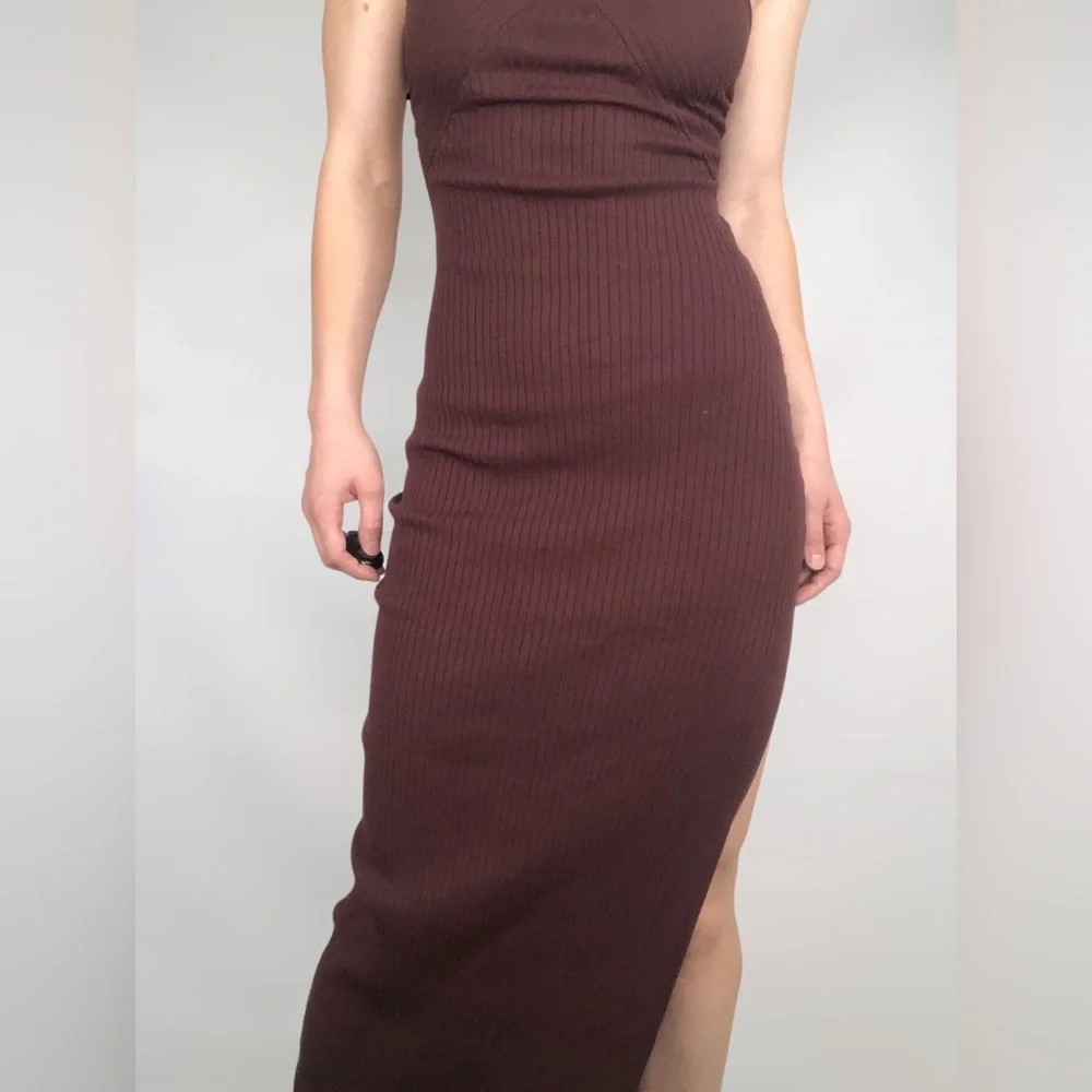 MESHKI‎ Halter Ribbed Side Slit Maxi Bodycon Brown Dress Size S - Picture 5 of 7